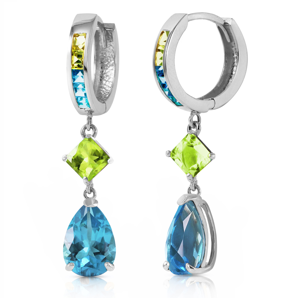 14K. GOLD HUGGIE EARRING WITH PERIDOTS & BLUE TOPAZ (White Gold)